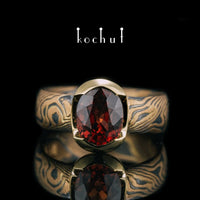 Ring mocume «Sophora. Nectar». Silver, red, yellow gold, oxidation, red tourmaline